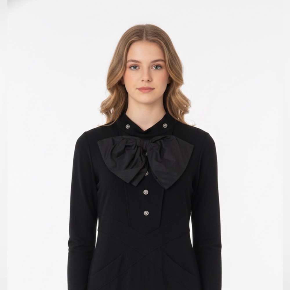 STUNNING VINTAGE BLACK CHLOE DRESS W/ LARGE NECK BOW TIE & SHOULDER PADS -EUC